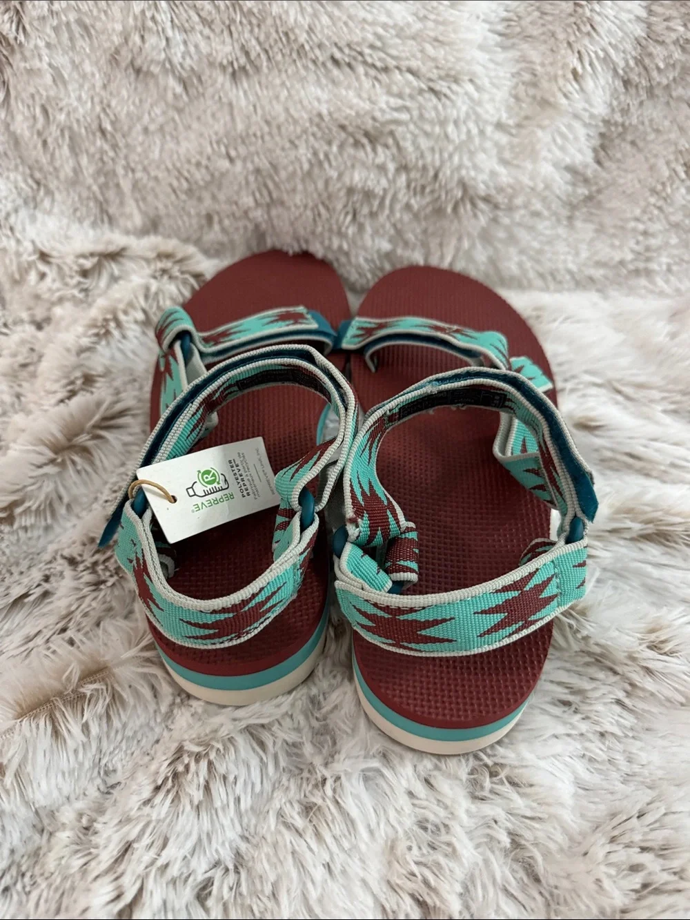 Teva Women’s Turquoise Patterned Strap Sandals with Burgundy Footbed